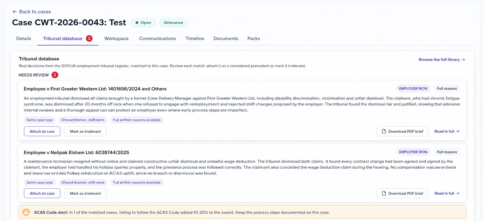clearCase surfacing similar UK employment tribunal cases alongside a live case