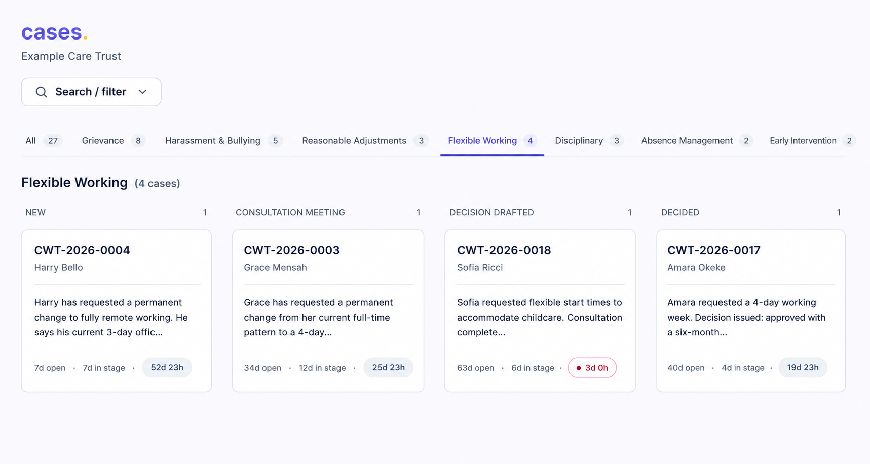 clearCase cases Kanban board showing workflows across stages