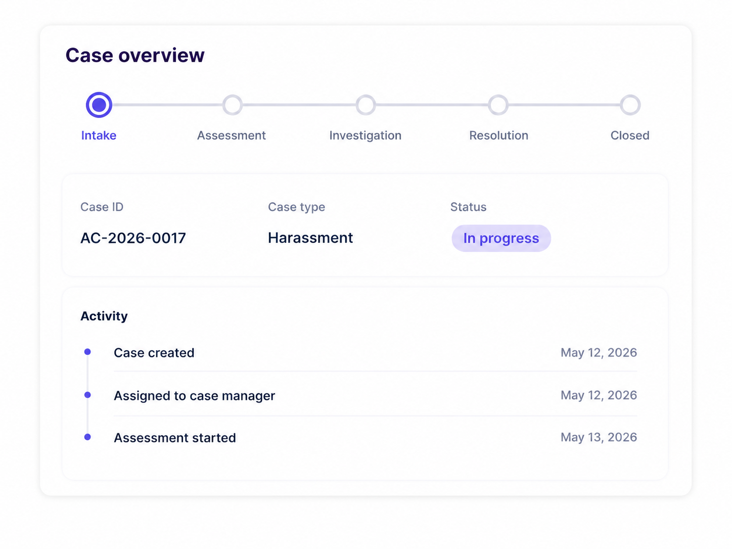 clearCase cases overview screen listing open employee relations cases