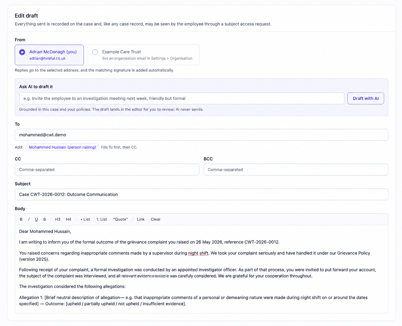 clearCase approval screen reviewing a drafted email before it is sent
