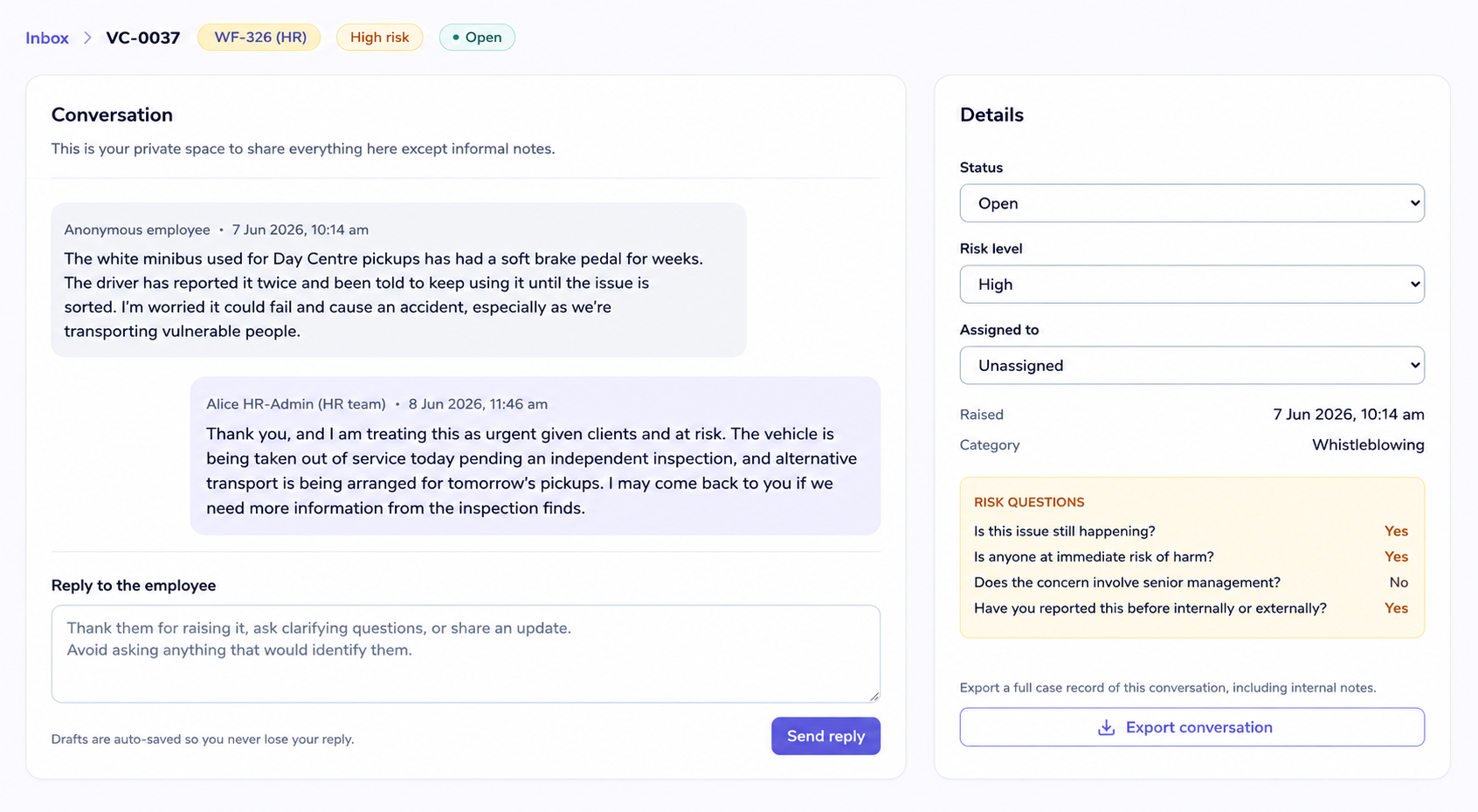 HR replying to a concern from the clearVoice dashboard