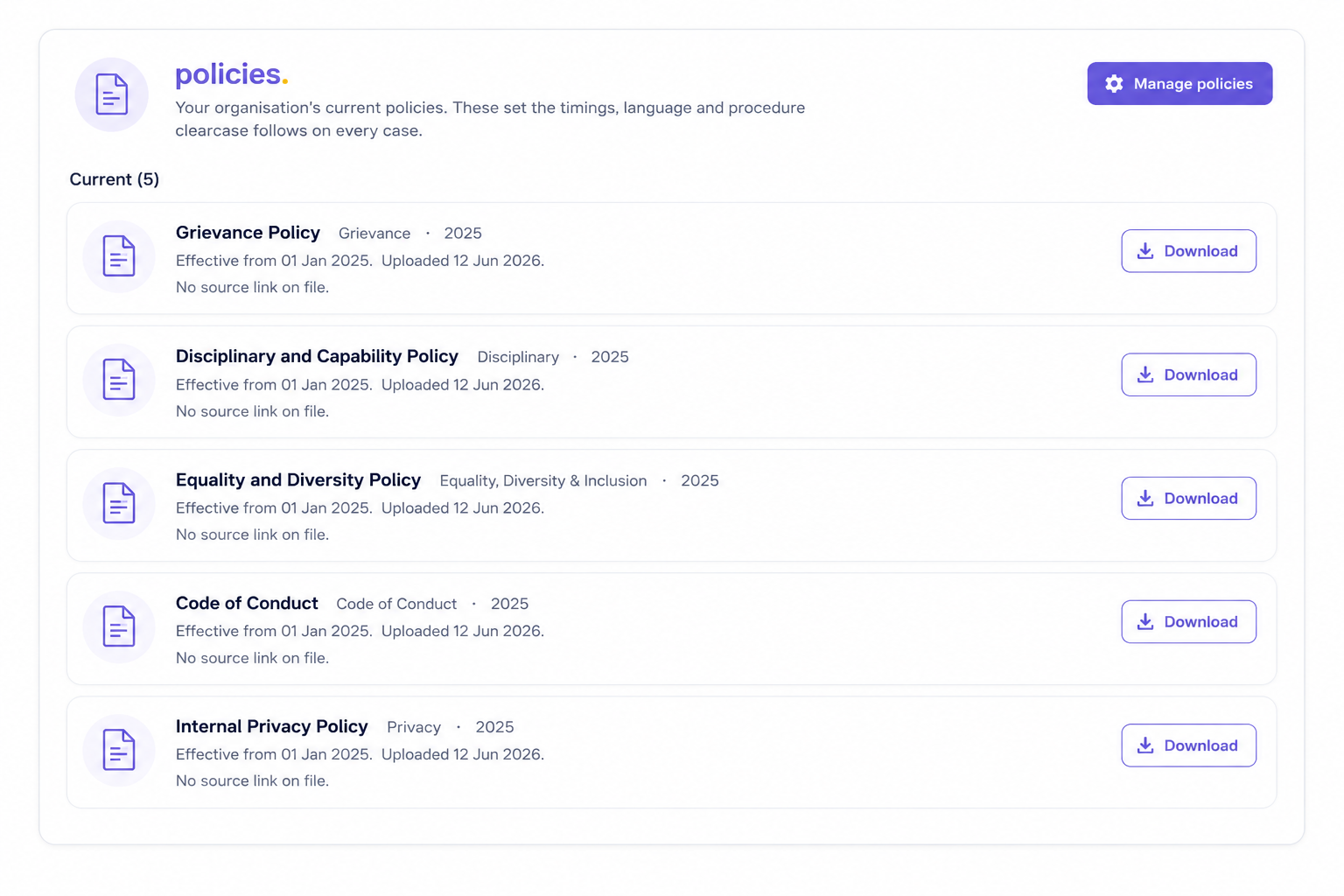 clearCase policy library screen used to review each case against your policies